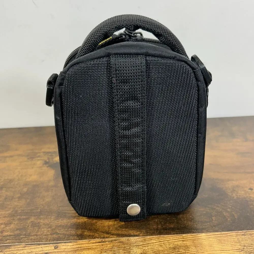 Case Logic Small Camera Bag 6” x 5” x 3” Black Yellow Belt carry Tilt Open